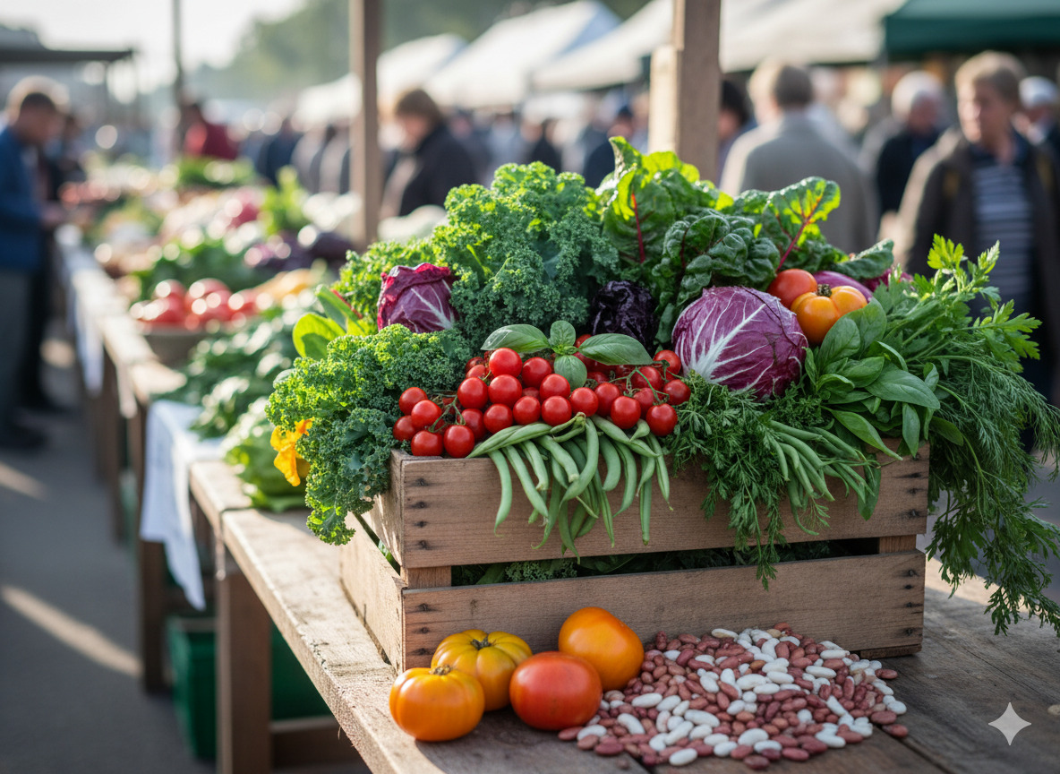 Väriloistoa tuottavat tomaatit, pavut ja lehtivihannekset puulaatikossa toripöydällä